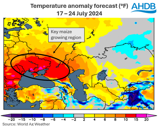 Map of Black Sea region showing temperature anomaly for next seven days